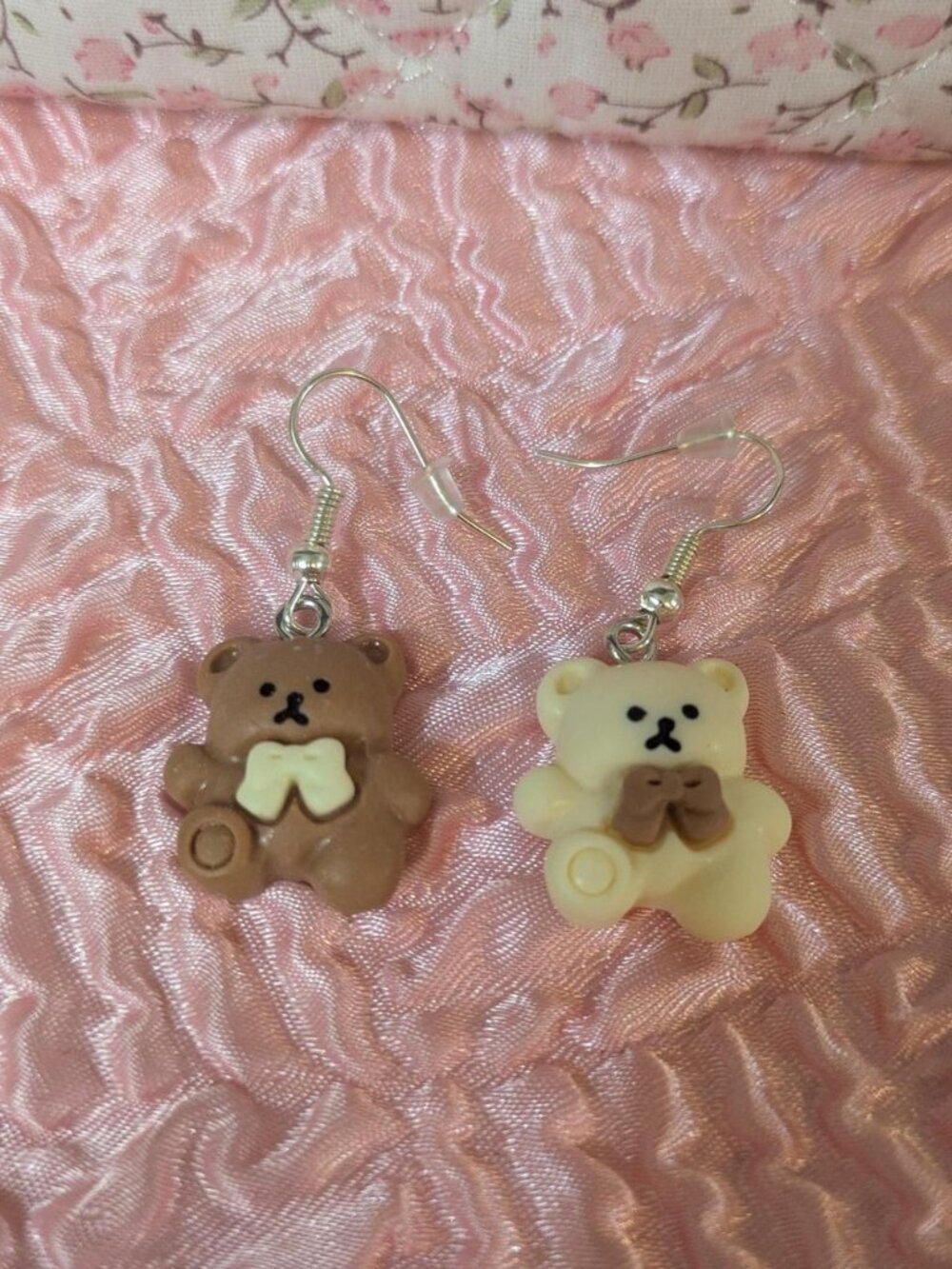 handmade brown and white / cream cute teddy bear mismatched dangle earrings